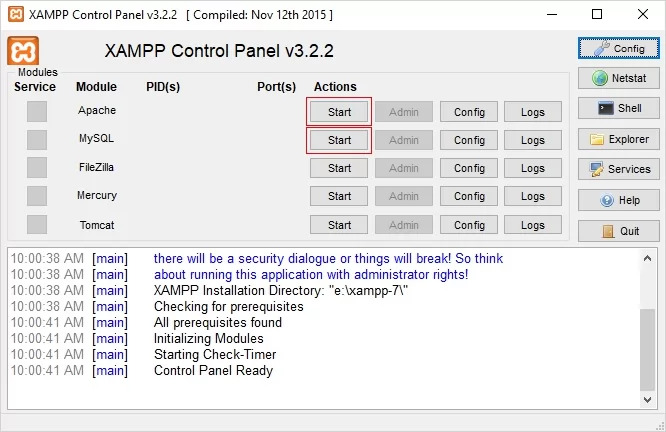 XAMPP control panel 